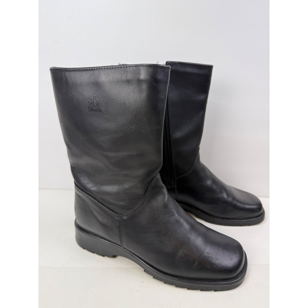 VTG Blondo Black Leather Mid Calf Boots Square Toe Side Zip Lug Sole Size 8 B